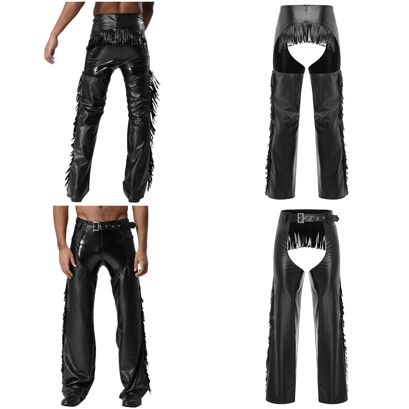 Men Western Cowboy Chaps Faux Leather Fringed Open Buttocks Tassels Pants Club