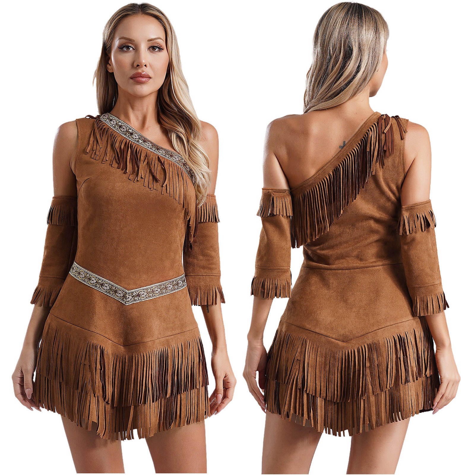 US Women Native Cosplay Fringed Dress Retro Brocade Tassel Irregular Hem Skirts