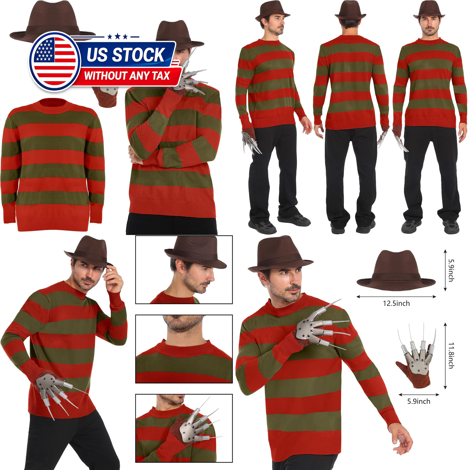 3PCS Horror Red and Green Striped Knitted Sweater Men’s Costume with Brown Hat