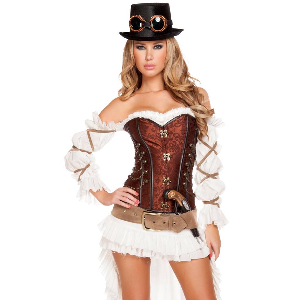 Steam Punk Costume Victorian Chain Corset Ruffled Crop Top Tiered Skirt Set 4576