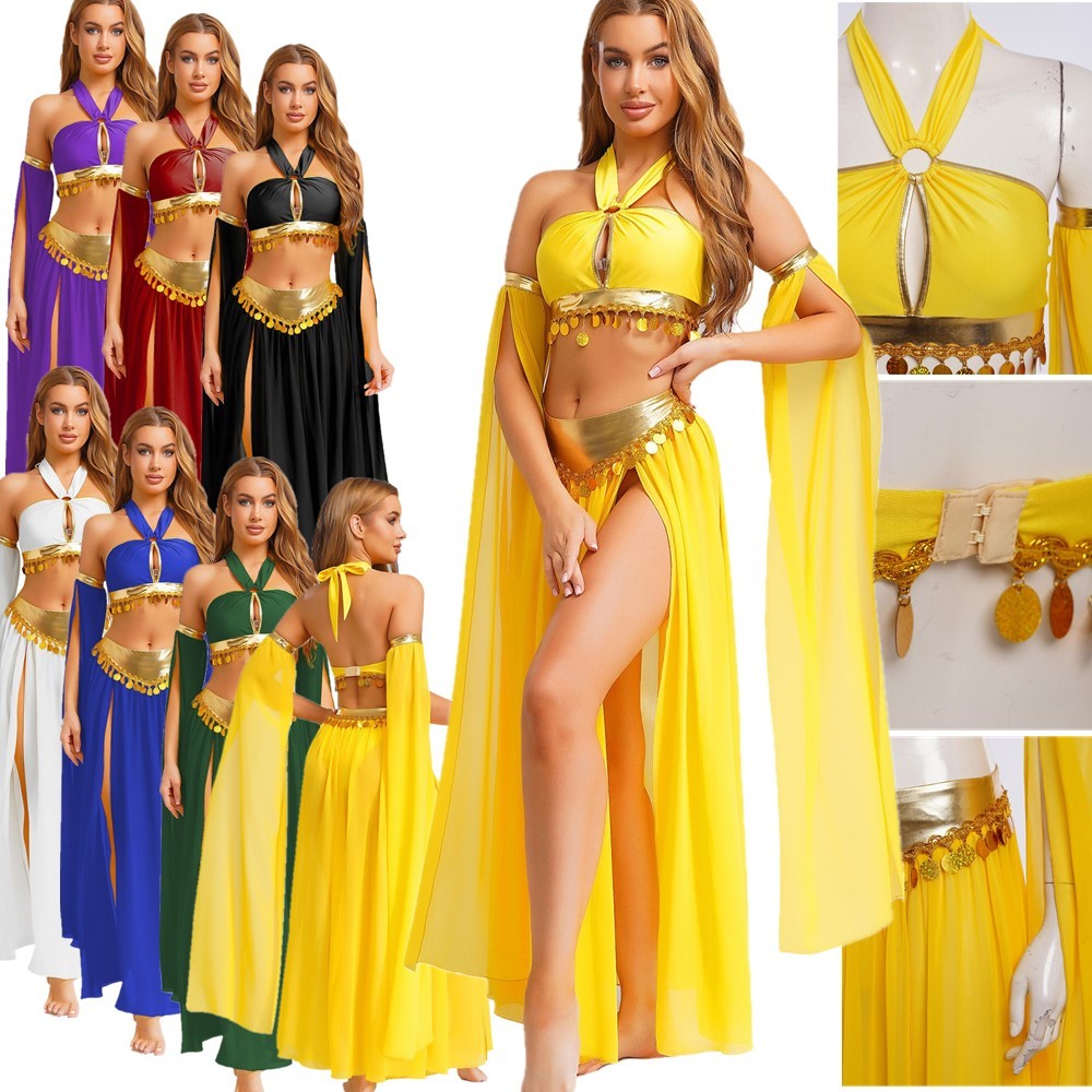 US Women Sexy Arabian Princess Belly Dance Halter Bra Top +Split Skirts +Sleeves