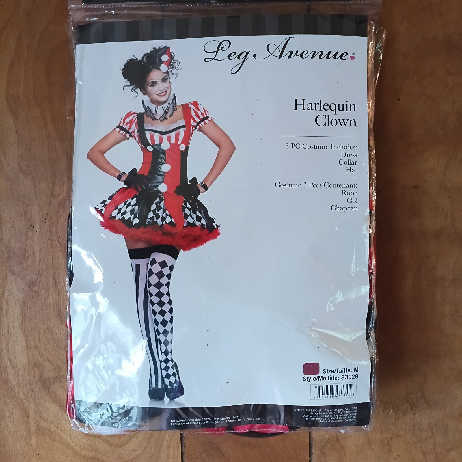 Leg Avenue Harlequin Clown Costume Women’s Medium 3 Pc Dress Collar Hat