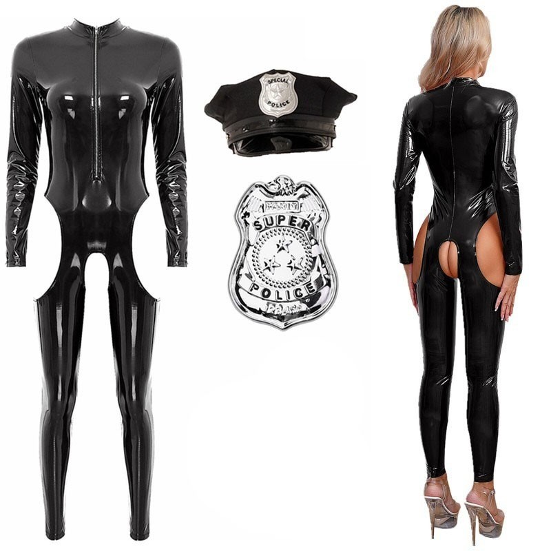 US Women Policewoman Rompers Cop Sexy Catsuits Hat Police Jumpsuit Party Cosplay