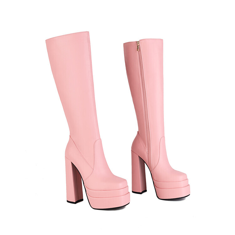 New Ladies Women Shoes Fashion Zipper Platform Block Heel Knee High Knight Boots