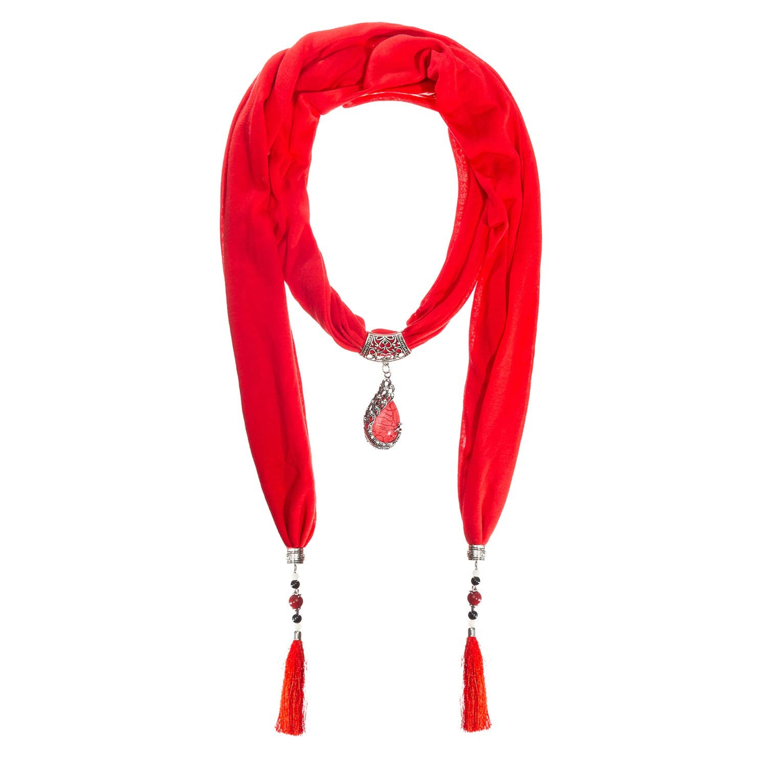 GOGNGTR Vintage Polyester Scarf Alloy Resin Gem Pendant free size, Red