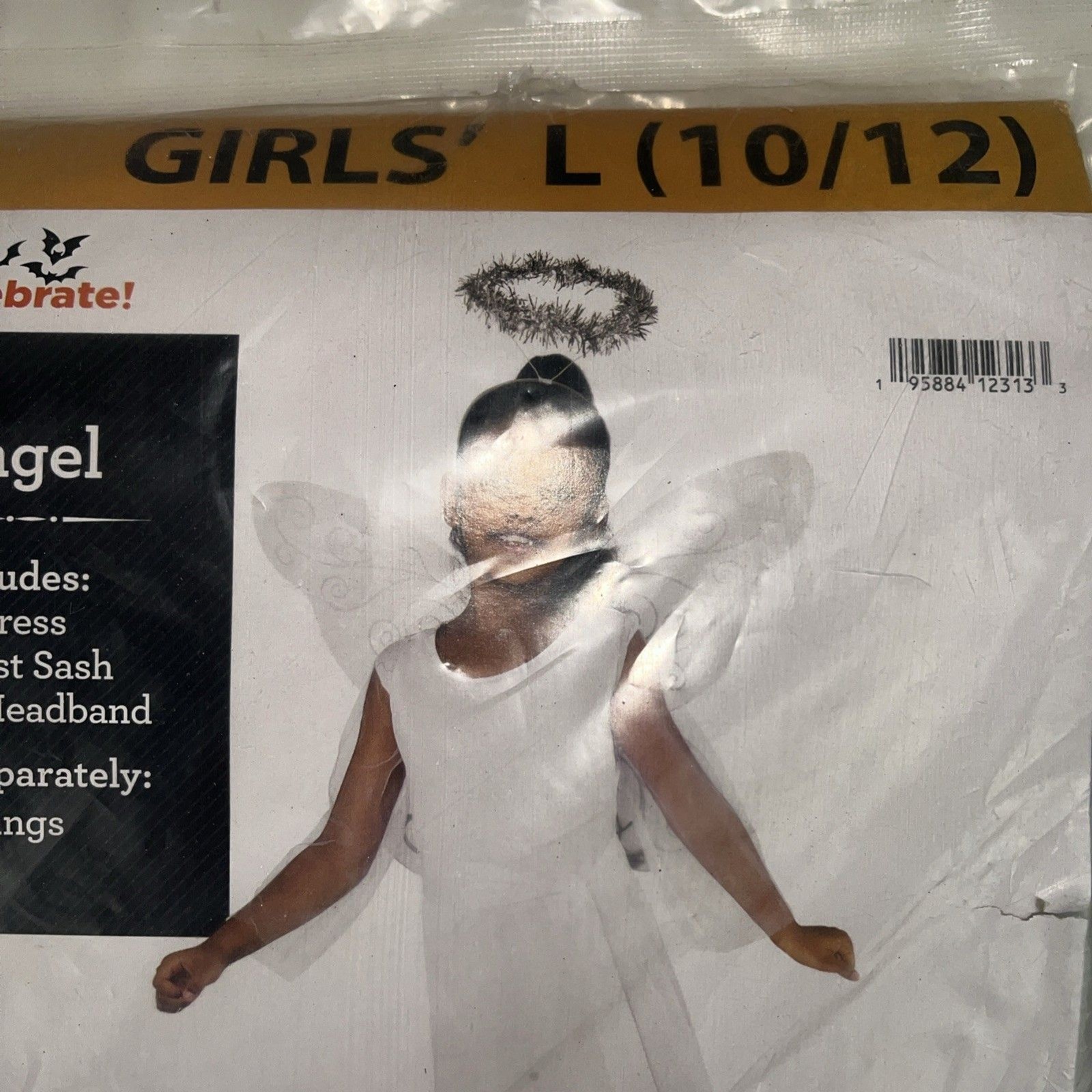 Girls Angel Halloween Costume Dress Tinsel Halo Waist sash SZ LG 10-12 Dress up