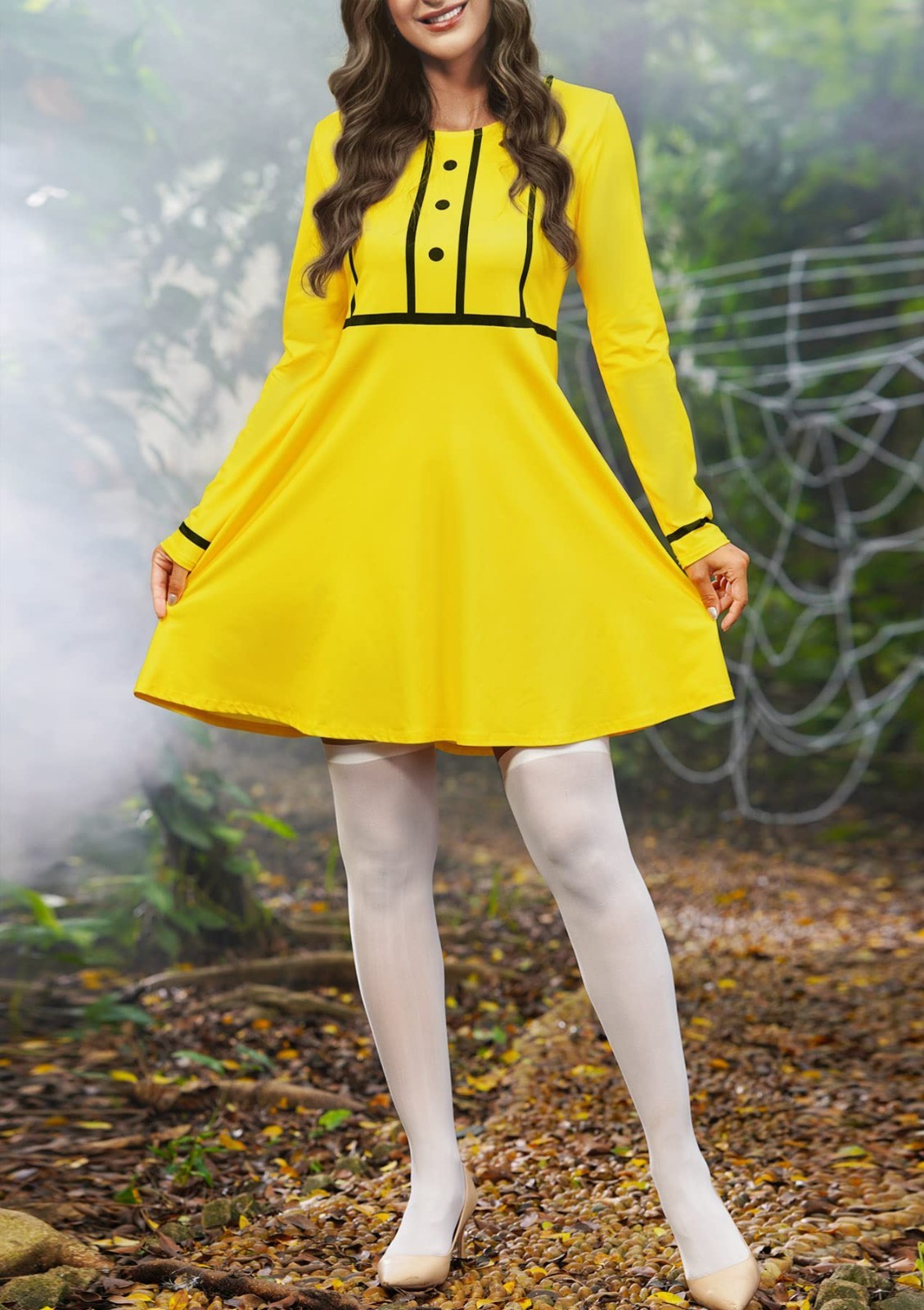 Women’s Halloween Costume Long Sleeve Yellow Mini Dress for Cosplay & Parties S-