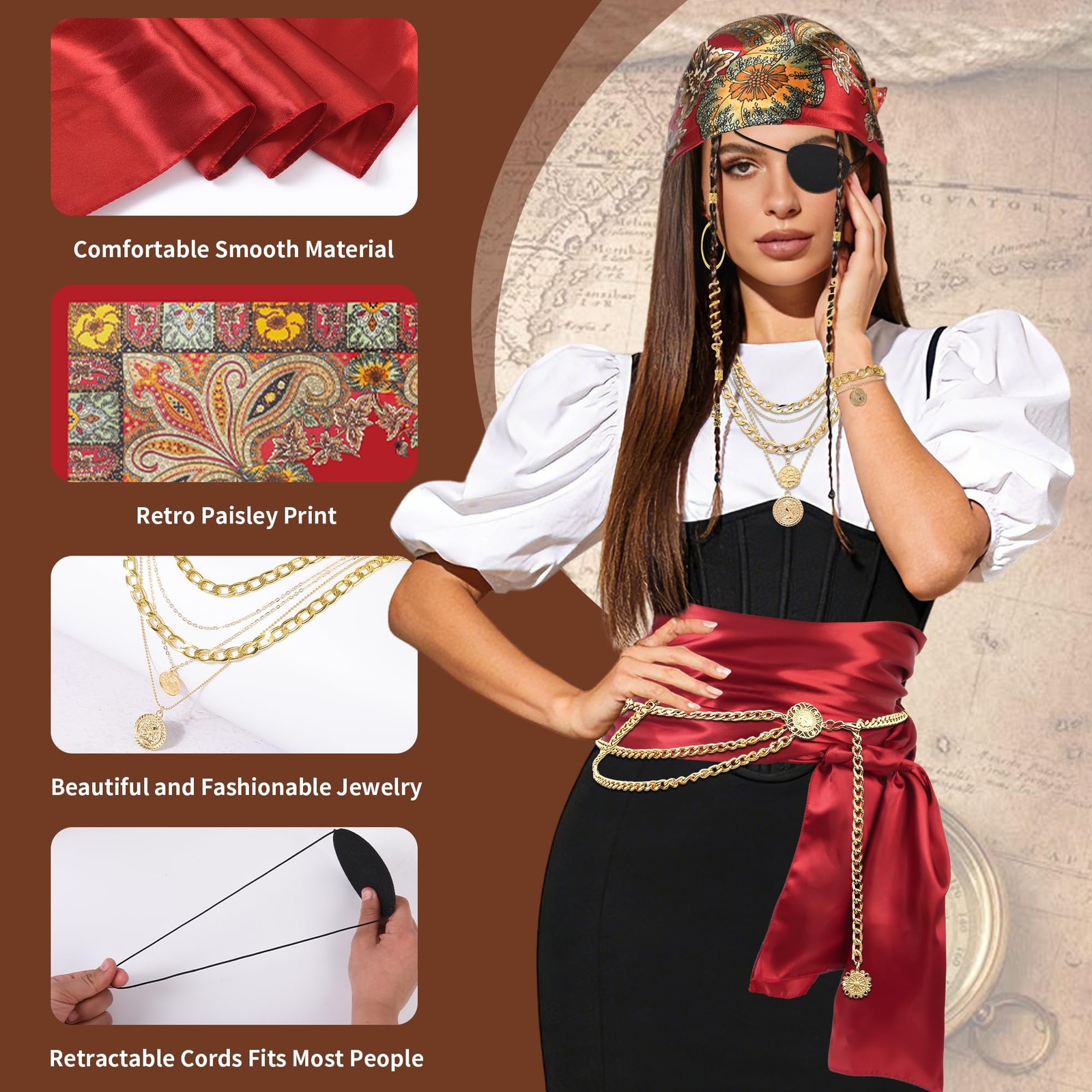 UDPP 38PCS Pirate Accessories for Women – Captain Costume Set One Size, Red