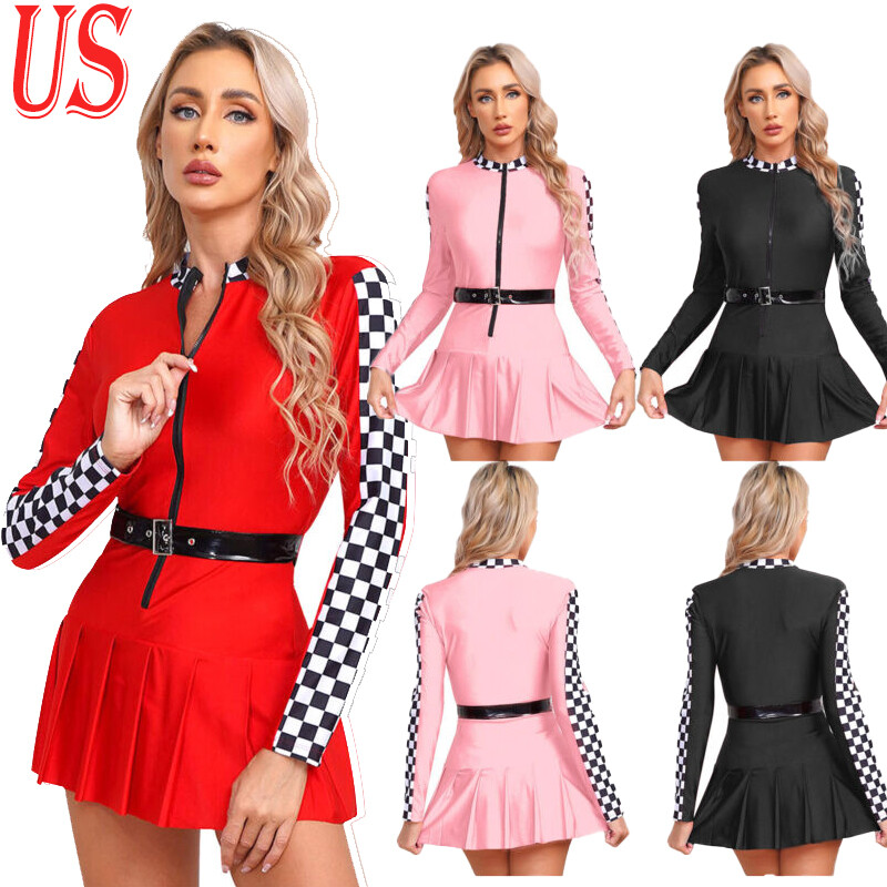 US Womens Racing Driver Dress Checkerboard Race Car Driver Cosplay Dress Belt