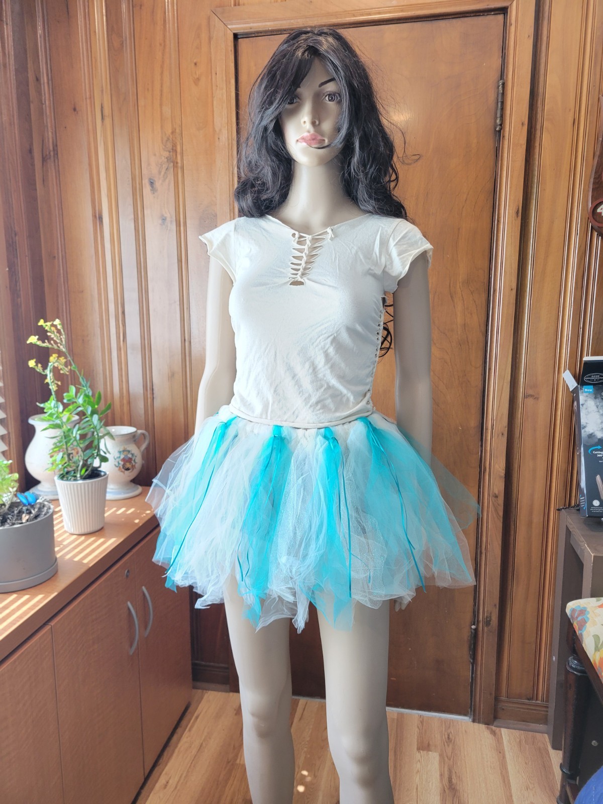 Women’s/Juniors Small Teal & Cream Color Dance Costume/ Halloween Top & Tutu