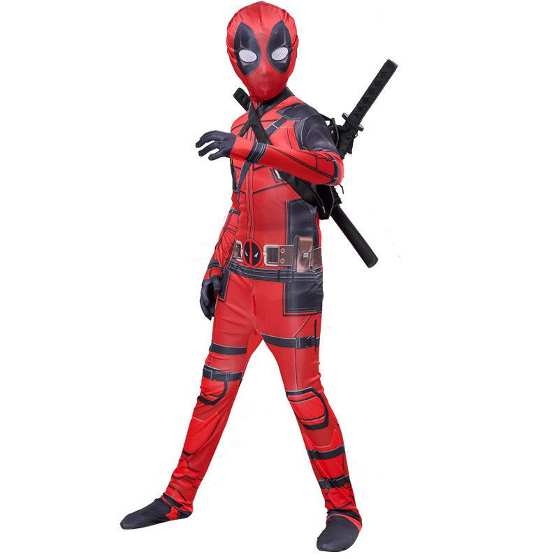 Deadpool Costume Jumpsuit + Dual Swords w/Harness Holder for Halloween Cosplay