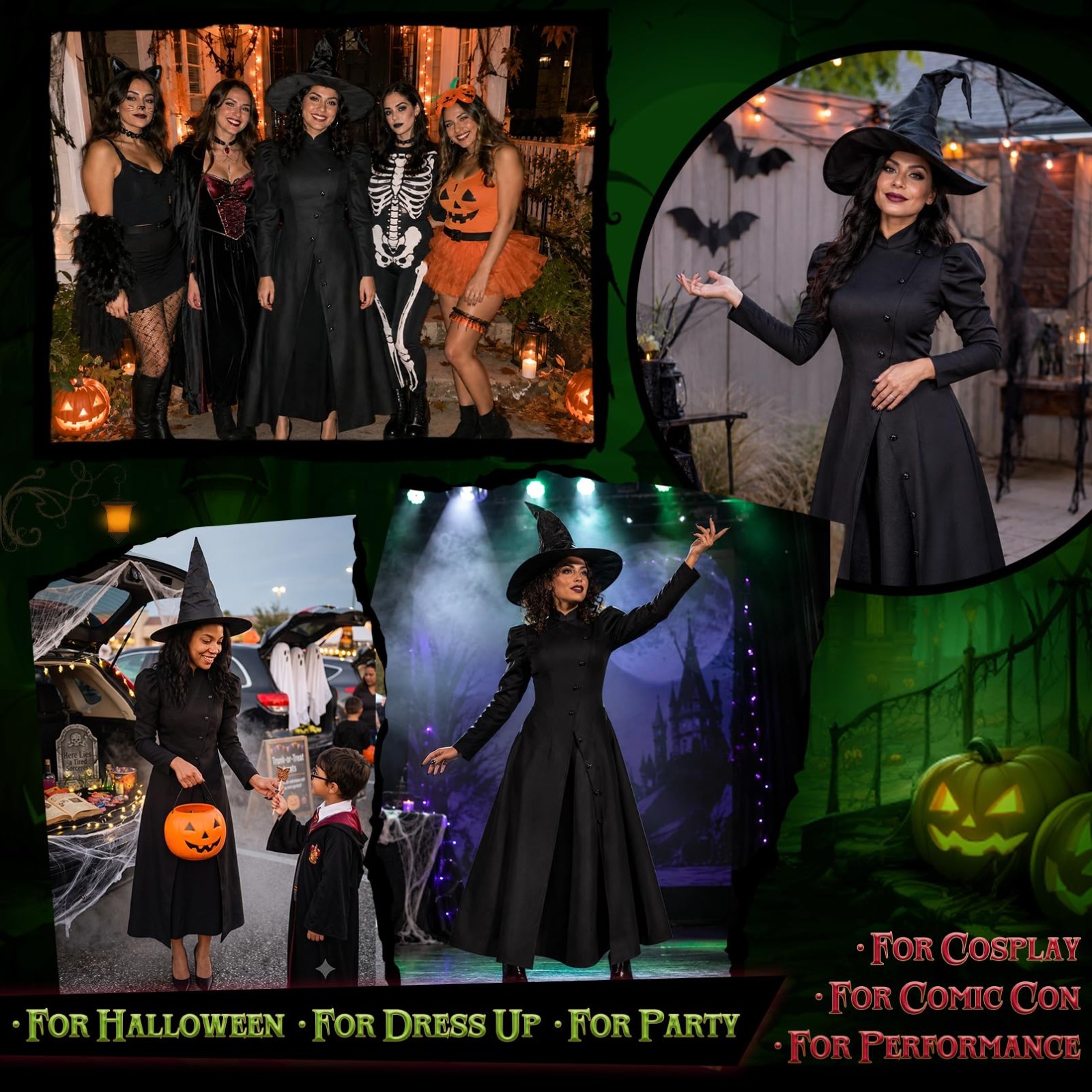 Adult Halloween Witch Costume – Black Dress, Hat & Green Gloves Cosplay Outfit