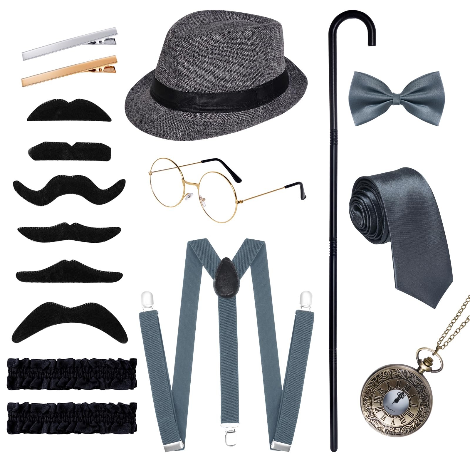 1920s Men Costume Accessories, 17 pcs Old Men Gangster Costume Set, Roaring R…