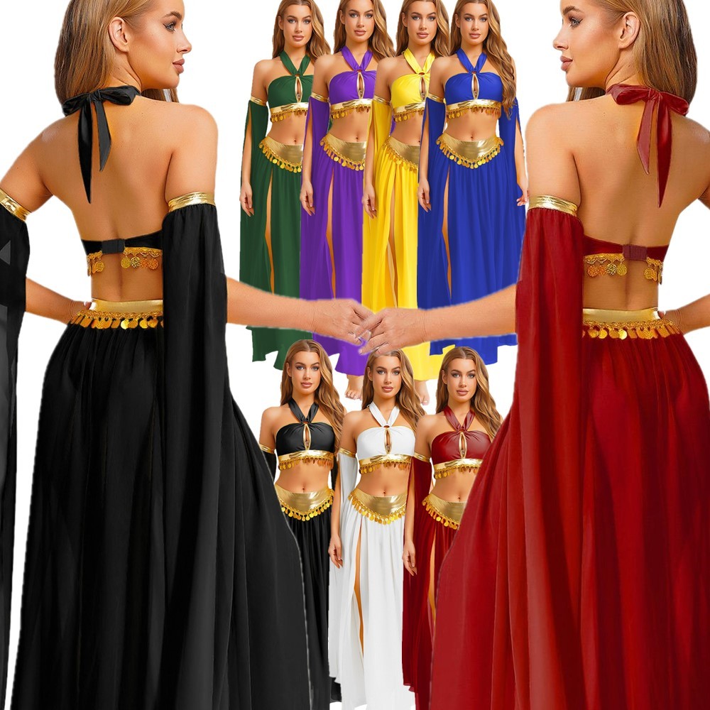 US Women Sexy Arabian Princess Belly Dance Halter Bra Top +Split Skirts +Sleeves