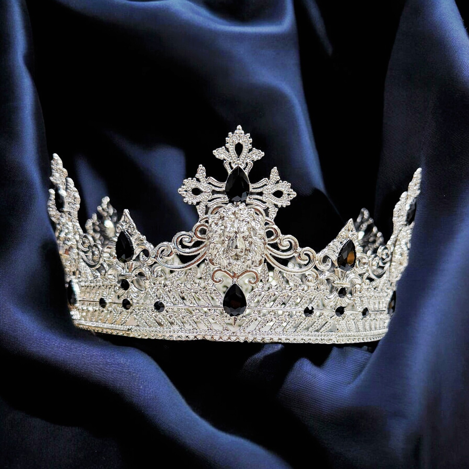 Silver Lion King Crown, Prince Wedding Headpiece, Black Crystal Crown for Groom