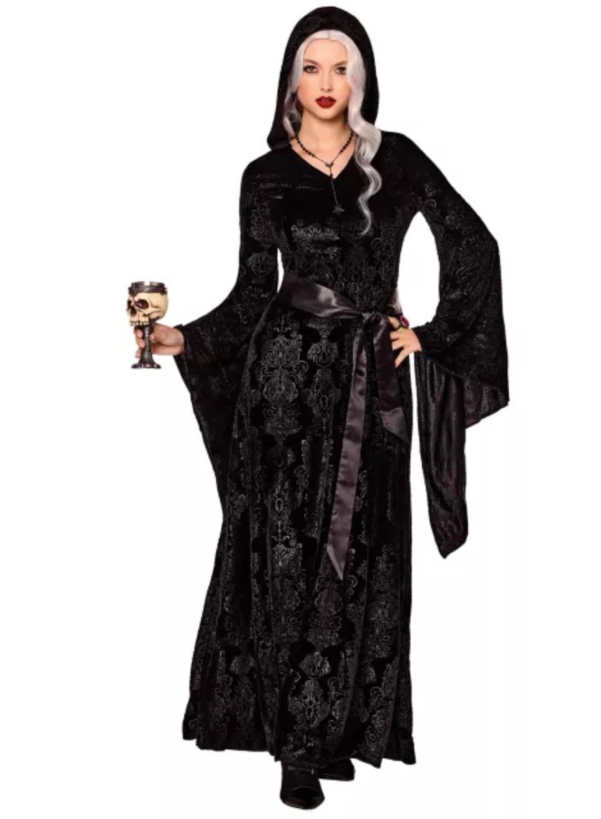 SPIRIT Halloween Costume Black Velvet Hooded Robe Gothic Medieval Adult L/XL