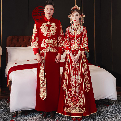 New Couple Vintage Cheongsam Clothing Dragon Phoenix Embroidery Wedding Dress