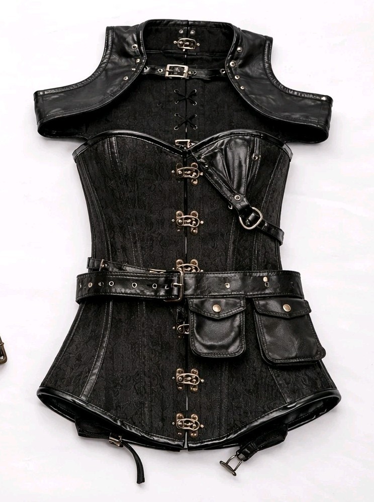 NWT 3pc Set Corset Super Store Steampunk Black Brocade Corset Gothic Utility S
