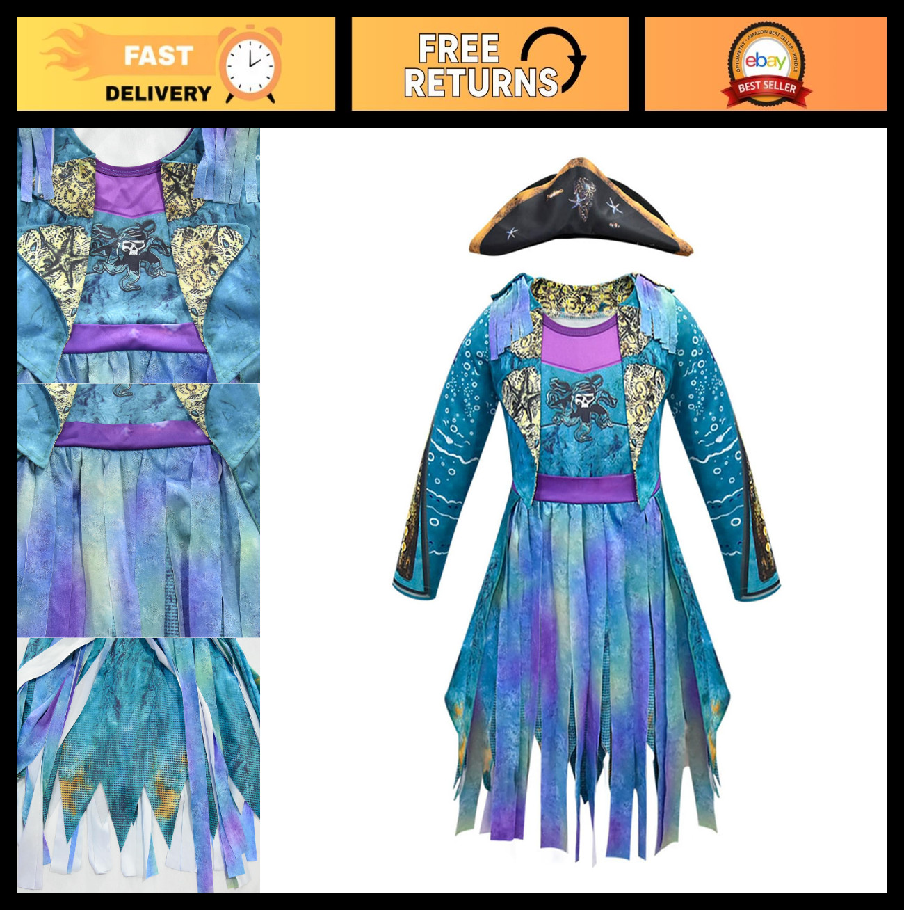 Girls Halloween Pirate Dress Up Costume – Uma Cosplay Outfit for Birthday Partie