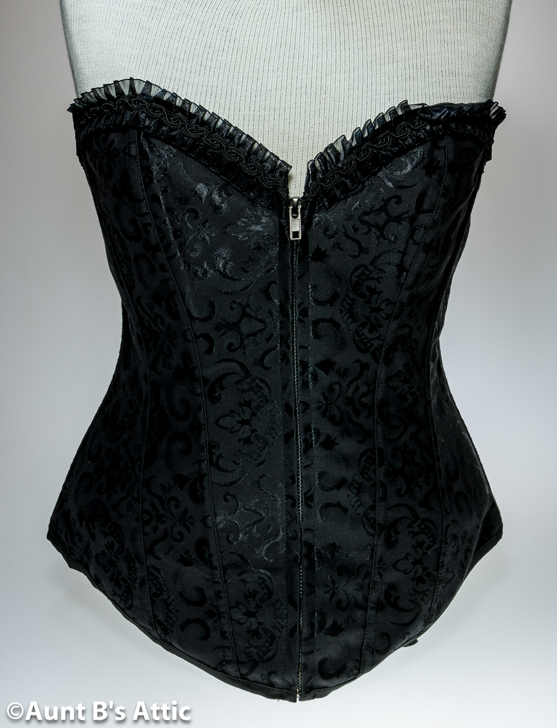 Corset Black Brocade Over Bust Boned Zipper Front Laced Back Victorian Corset PZ