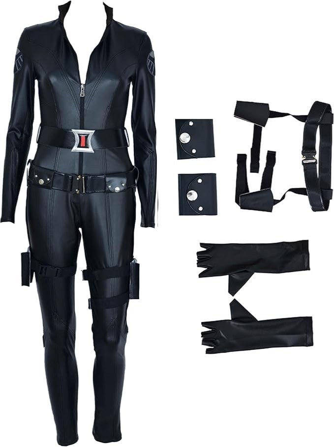 Women’s Black Widow Cosplay Costume Bodysuit PU Fullset W/Belt, Gloves Sz Small