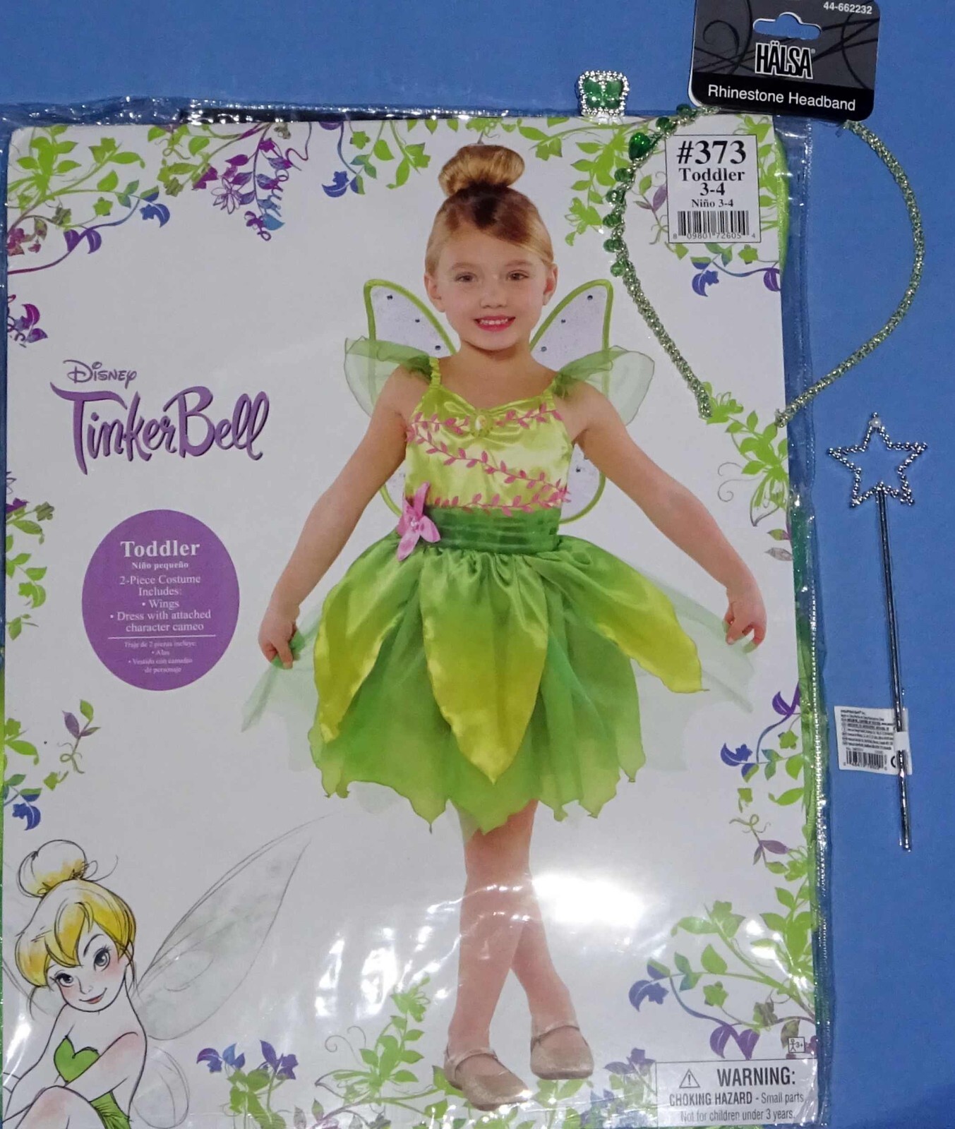 DISNEY TINKERBELL COSTUME-GIRL 3-4-DRESS-WINGS-RHINESTONE HEADBAND-RING-WAND-LOT