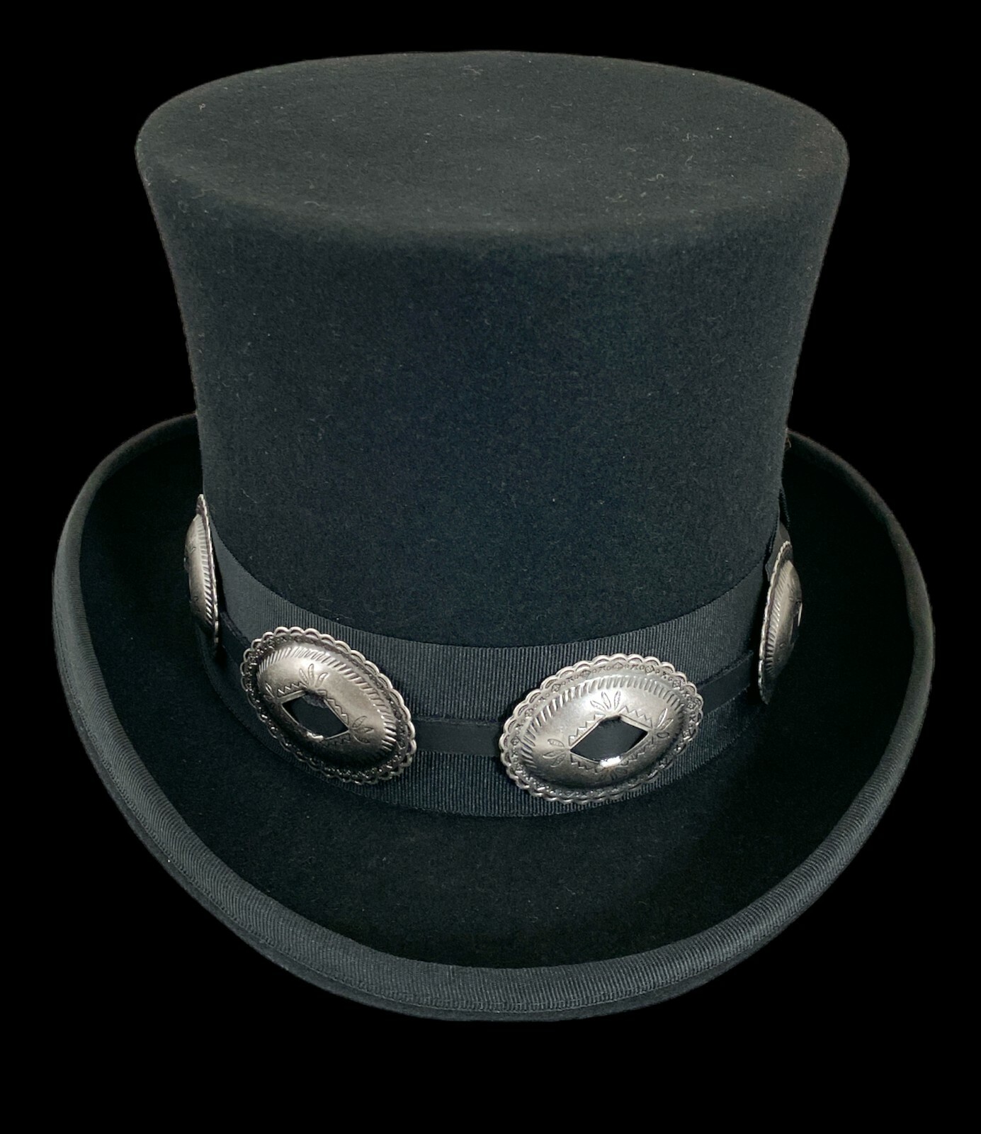 Black 100% Wool Felt Top Hat Concho Band Victorian Costume Slash Mad Hatter USA