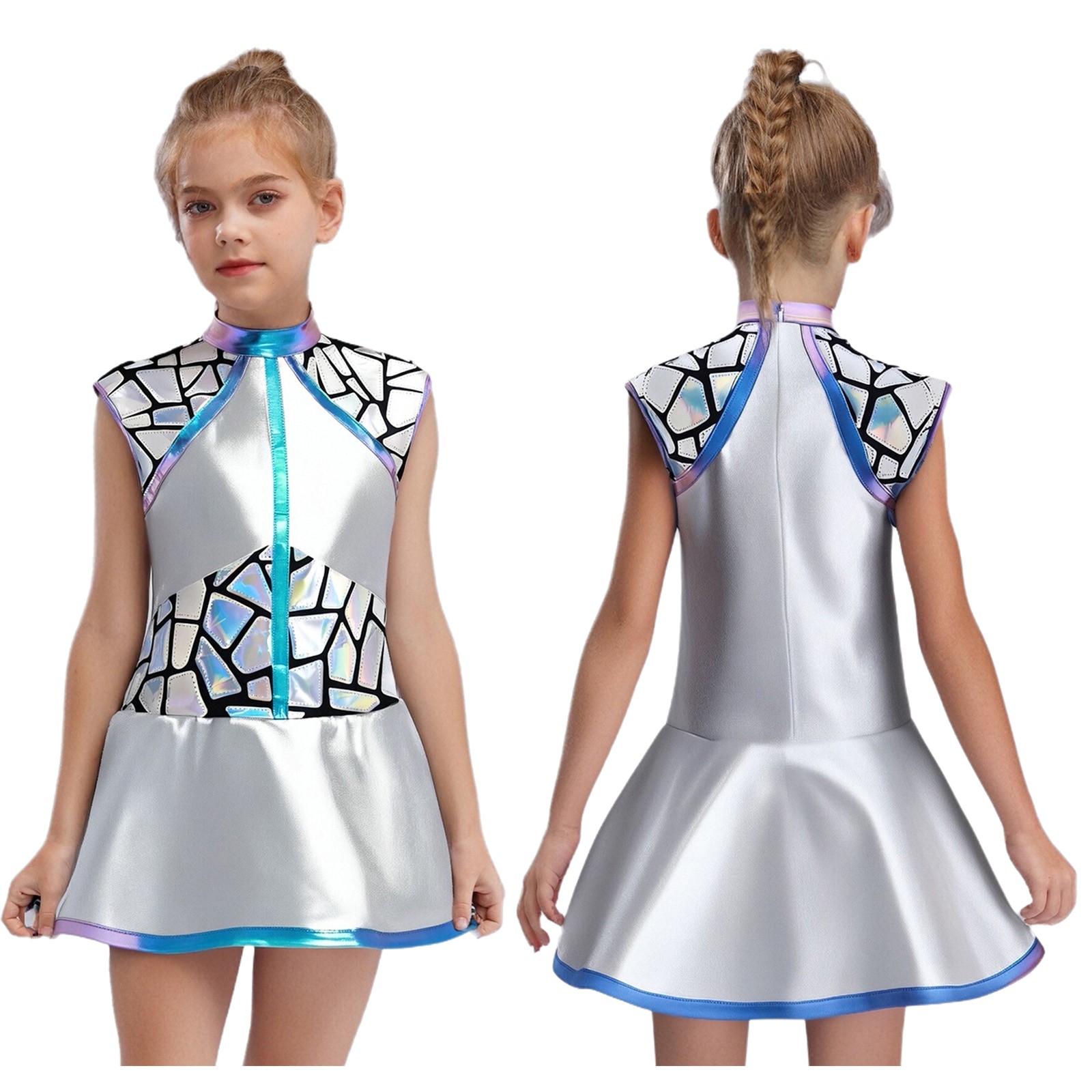 Girls Outer Space Alien Robot Cap Sleeve Metallic Party Stage Performance Dress