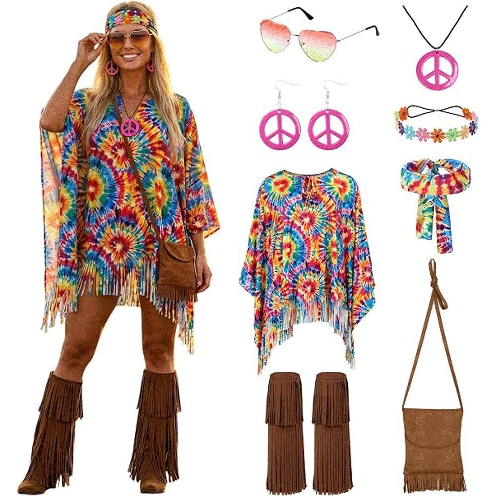 SOMSOC 70s Hippie Costume Set Tie Dye Poncho Fringe Bag Headband Sunglasses
