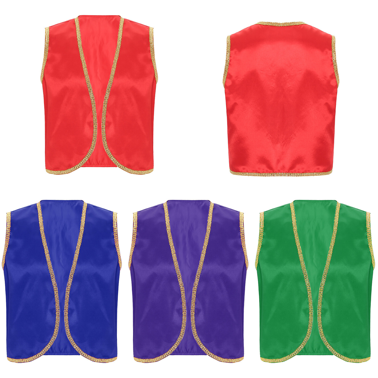Men’s Satin Sleeveless Vest Gold Trim Waistcoat Arabian Prince Cosplay Costume
