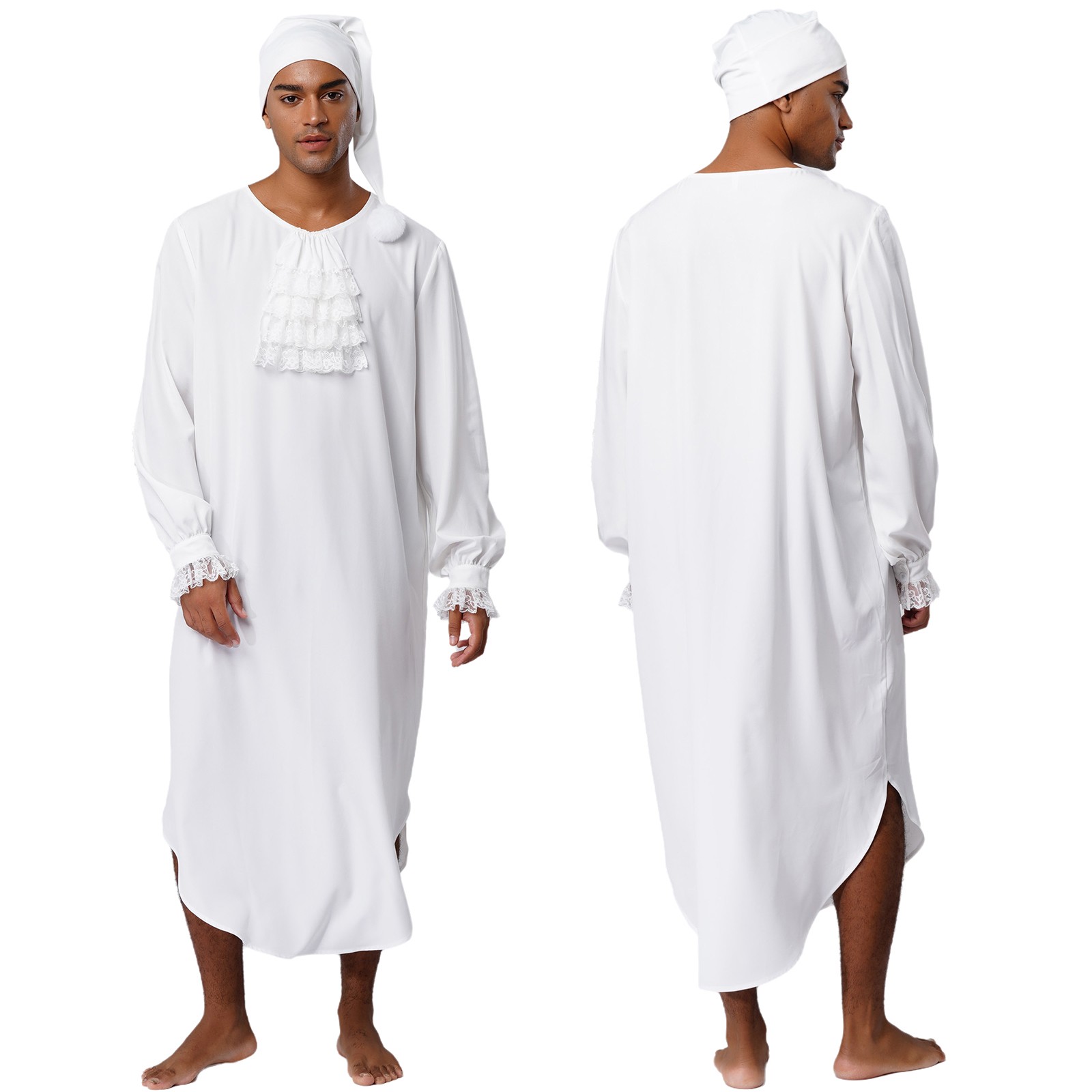 Men Lace Ruffle Nightgown Victorian Pajama With Hat Sleepwear Vintage Sleepwear