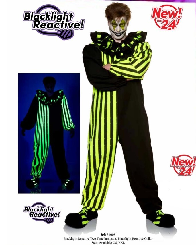 Jolt Adult Mens Horror Clown Deluxe Halloween Costume Blacklight Reactive