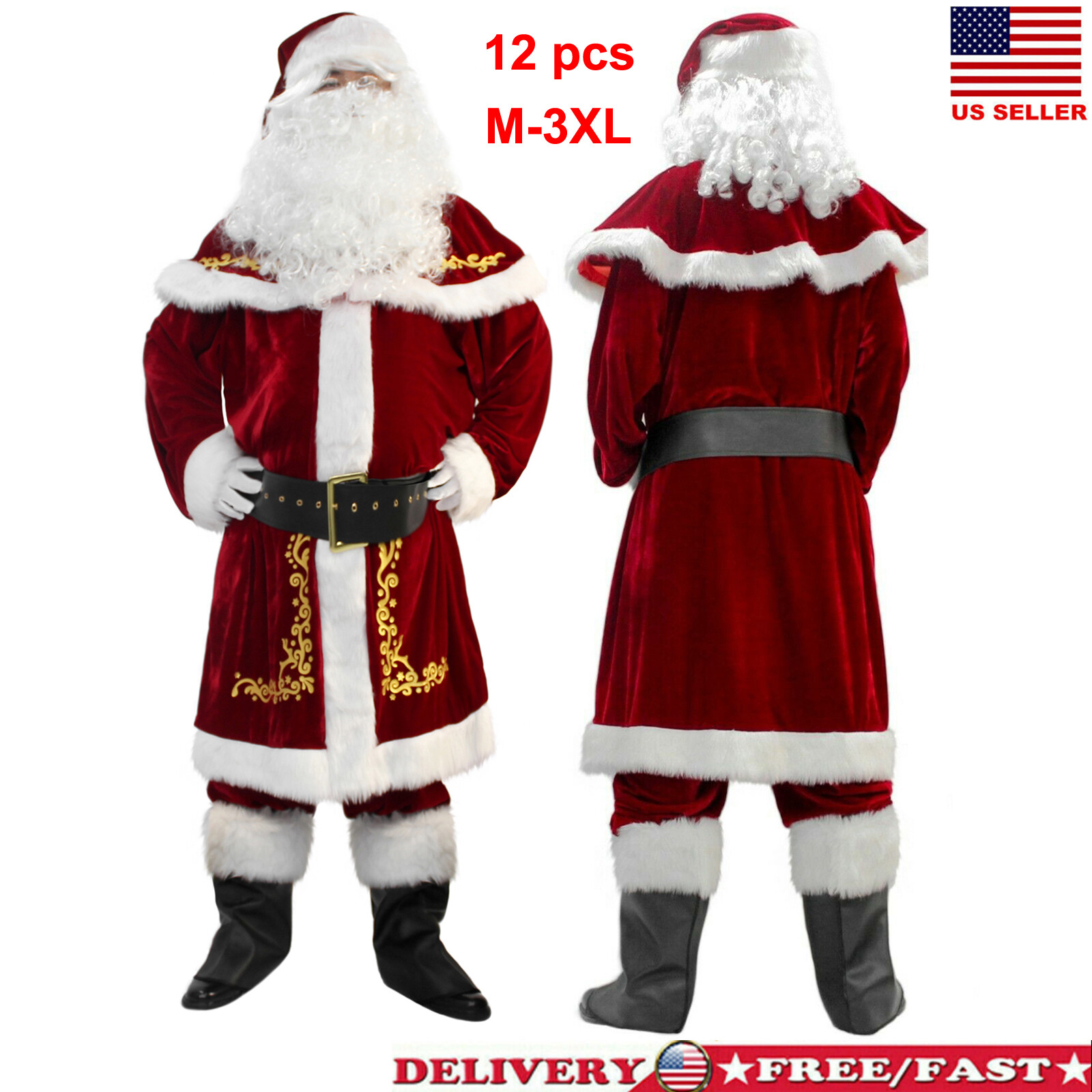 Men’s Deluxe Santa Suit 12PC. Christmas Adult Santa Claus Costume