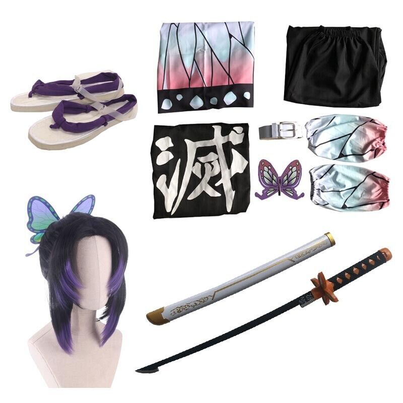 Full Set Demon Slayer Kochou Shinobu Cosplay Costume Outfit W/ Sword Shoes Wig