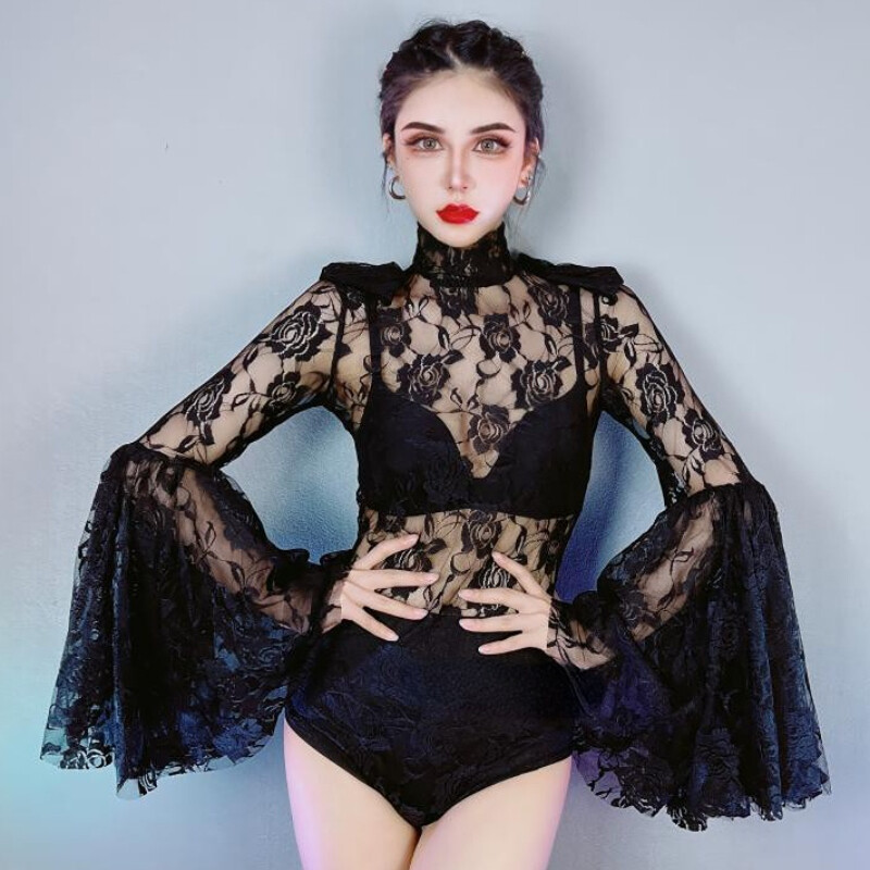 Women Floral Lace Bodysuit with Briefs High Neck Flare Sleeve Costume Tops