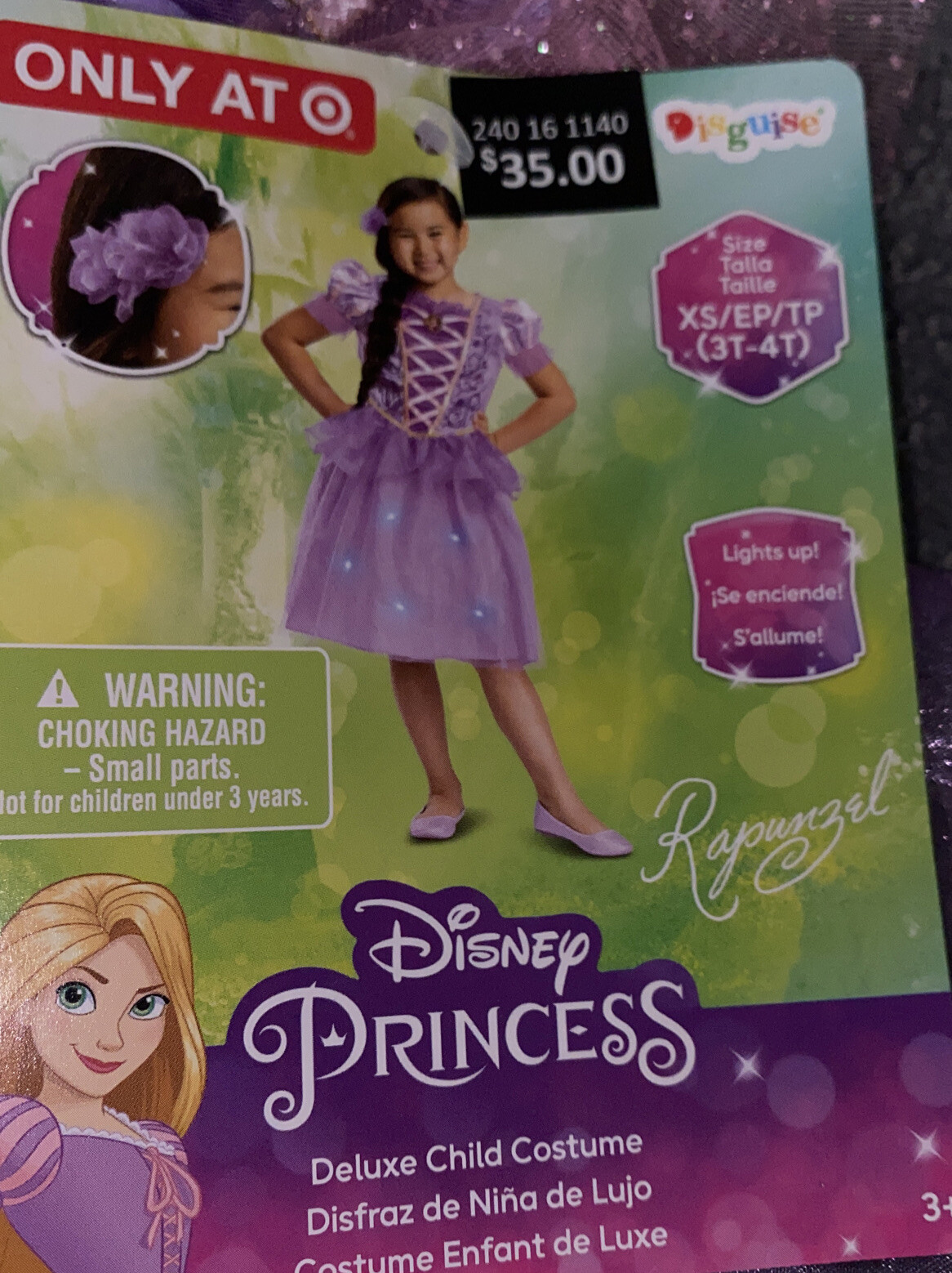 Disney Princess Rapunzel Deluxe Light Up Child Costume Purple Dress XS 3T/4T