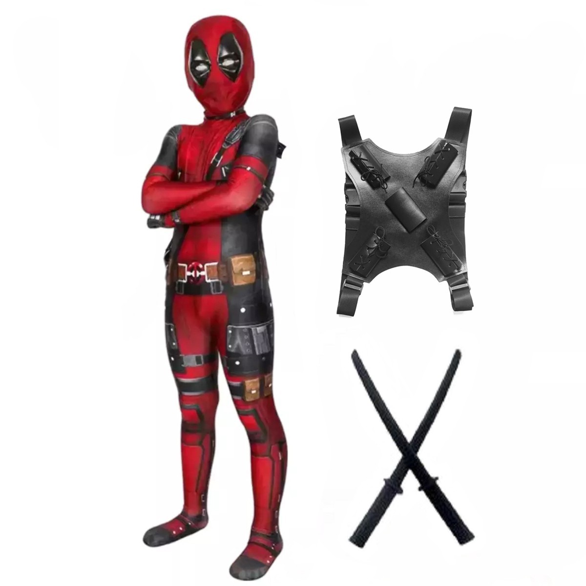 Kids Deadpool Halloween Costume Boy Cosplay Jumpsuit Bodysuit With Backbag Sword