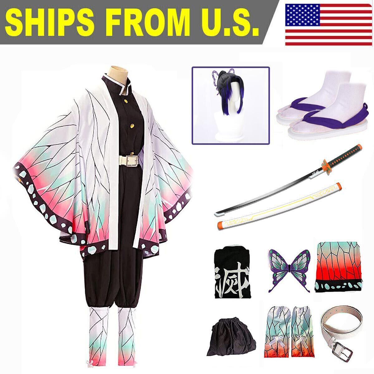Full Set Demon Slayer Kochou Shinobu Cosplay Costume Outfit W/ Sword Shoes Wig