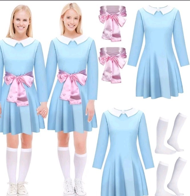 Twin Horror Movie Costumes Large 2 Blue Dress Pink Sash Knee Highs Women’s