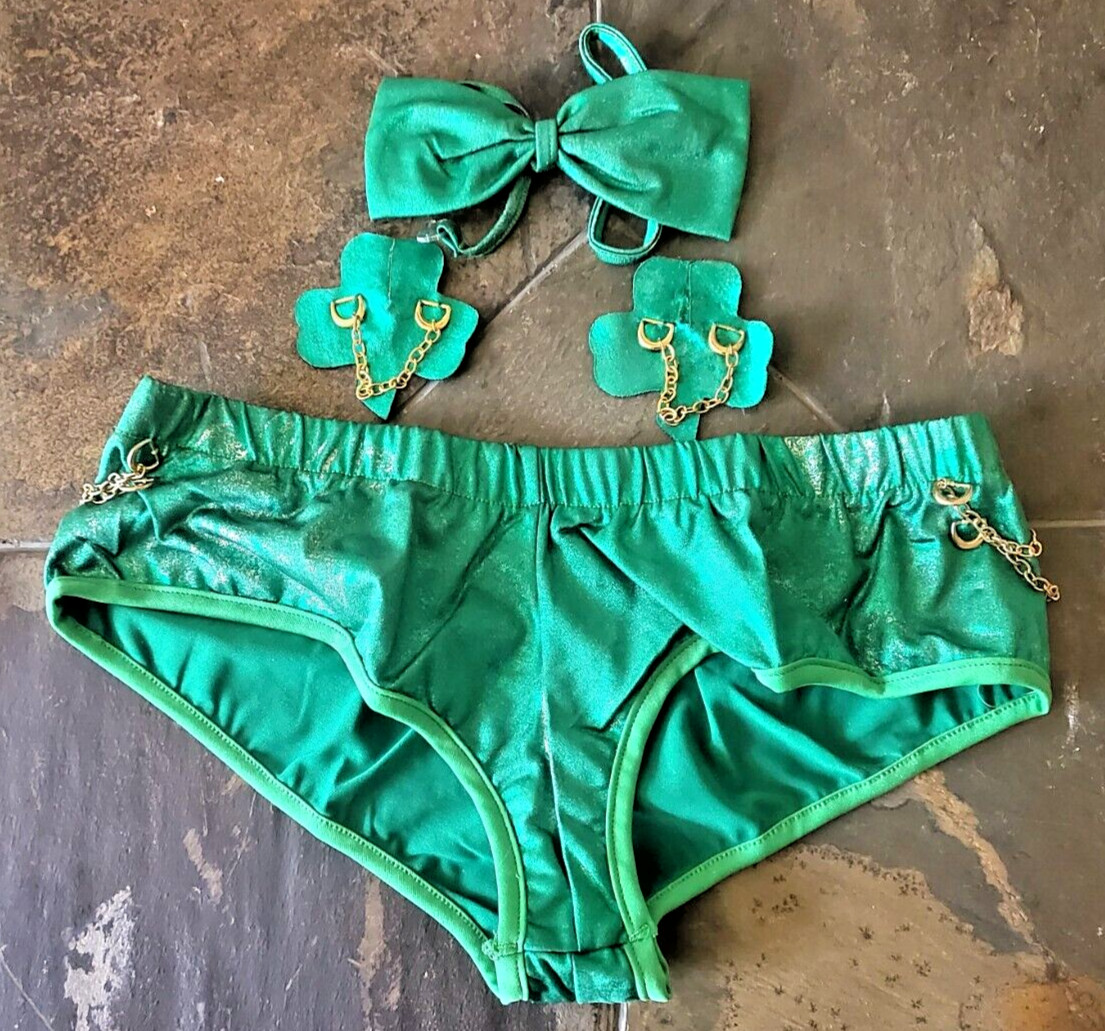 Size M Fantasy Lingerie Leprechaun Costume w/ Bow Tie Pasties & Bikini Panty