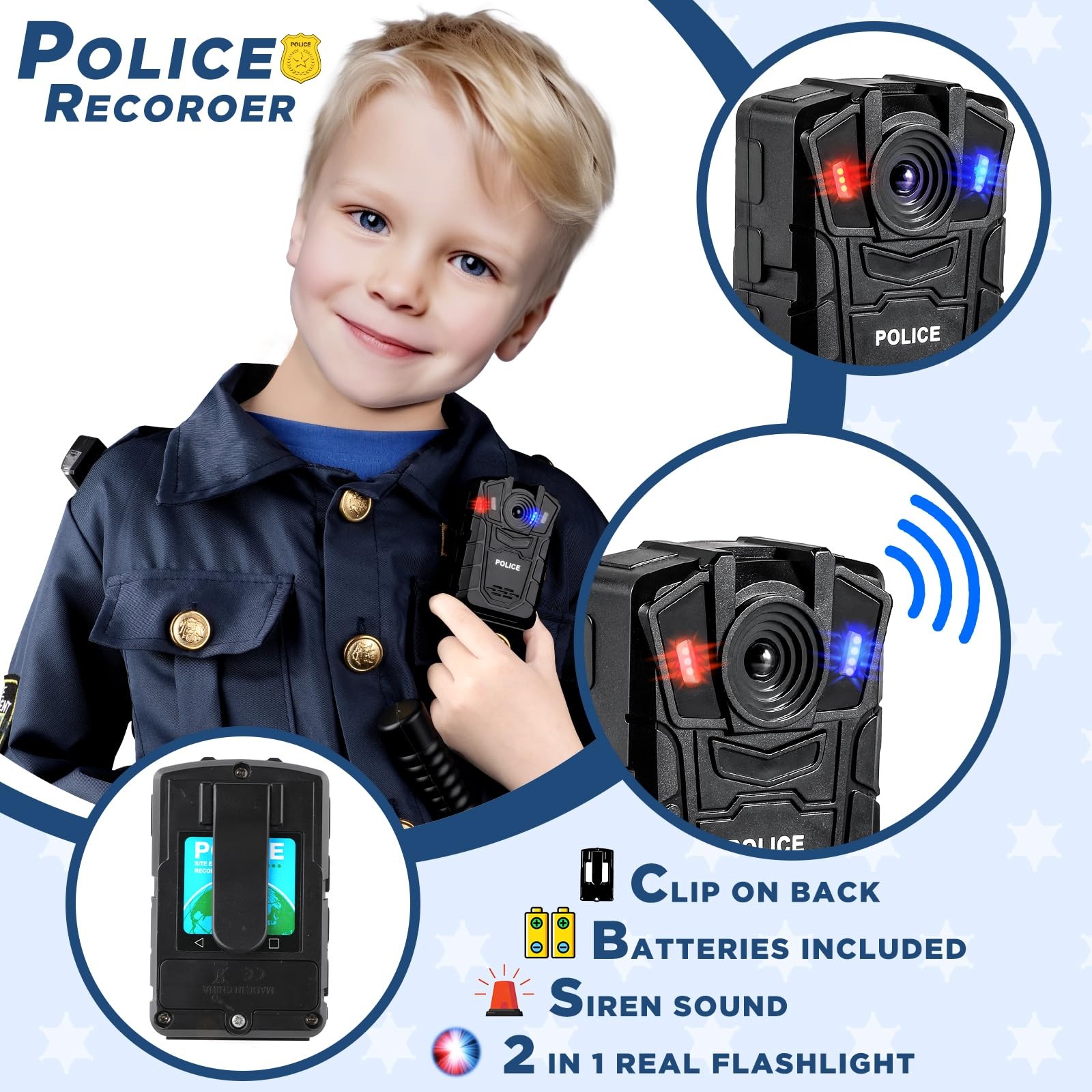 Kids Police Costume with Uniform, Recorder, Lights – Halloween Role Play Kit