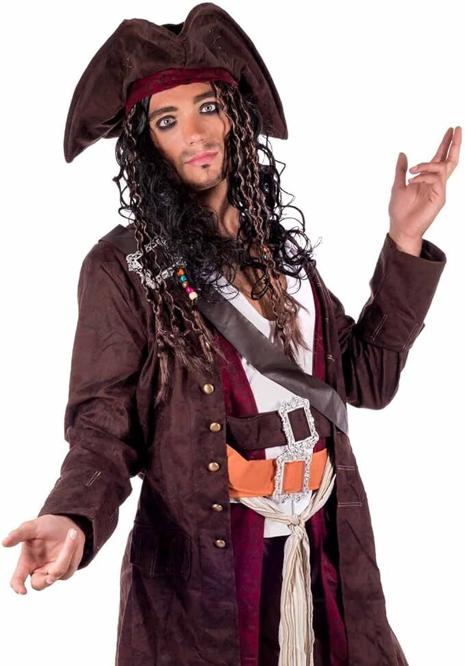 Mens Caribbean Pirate Captain Costume + Hat + Wig Movie TV Fancy Dress M L XL