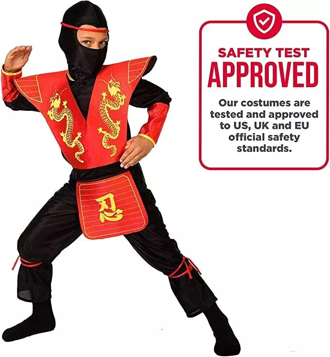 Boys Ninja Costume Kids Red Dragon Samurai Warrior Halloween Fancy Dress