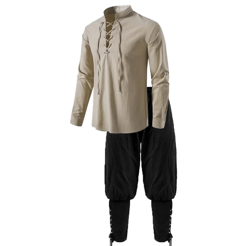 Men’s Medieval Renaissance Pirate Shirt & Ankle Banded Pants 2-Piece Costume Set