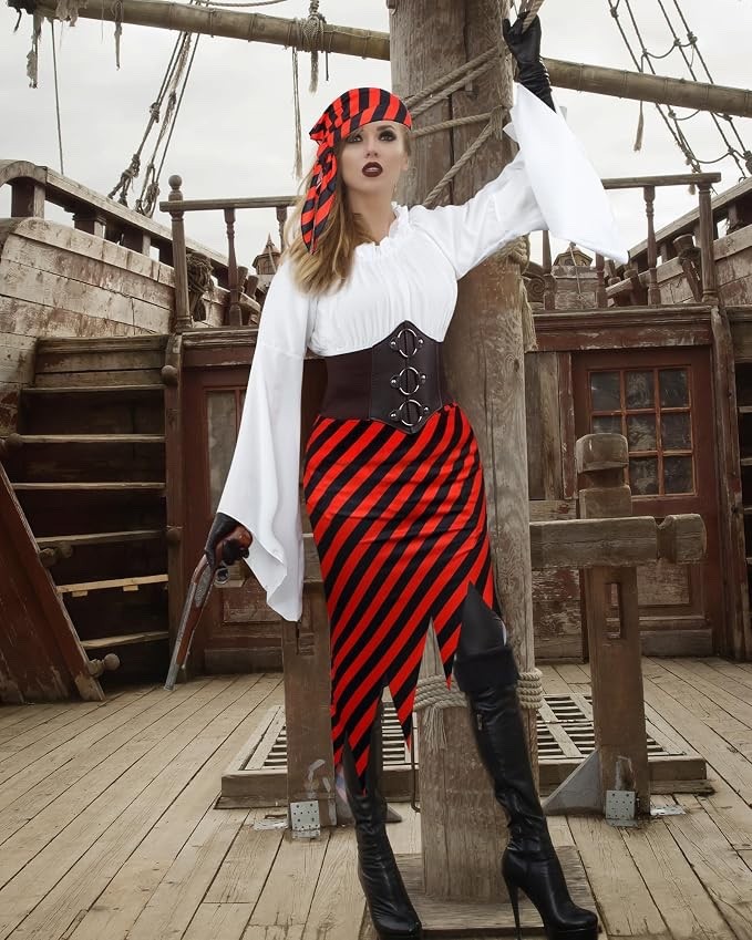 Women Pirate Costume Set – Renaissance Adult Costume With Head Scarf Hat XXL