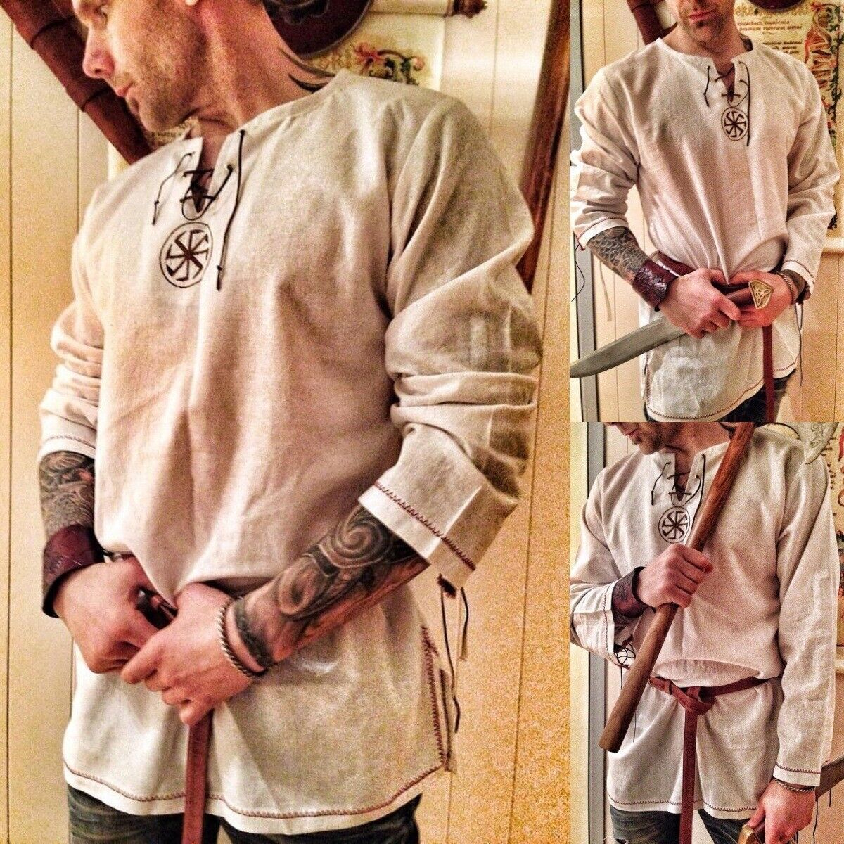 Mens Medieval Vintage Tunic Tops Shirt Viking Lace Up Jumper Costume Blouse Size