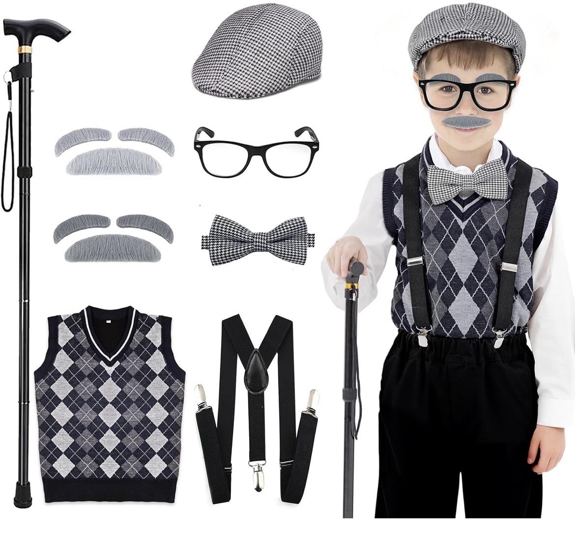 Kids 100 Days of School Costume Boys-Halloween Grandpa Old Man Costume SZ Large