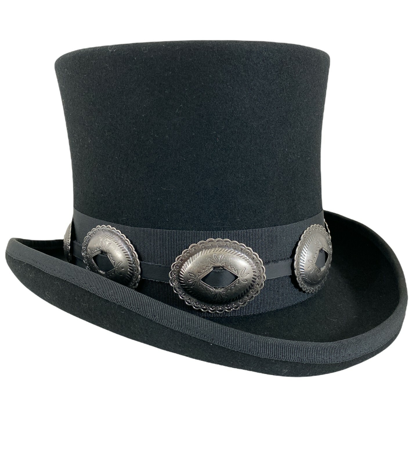 Black 100% Wool Felt Top Hat Concho Band Victorian Costume Slash Mad Hatter USA