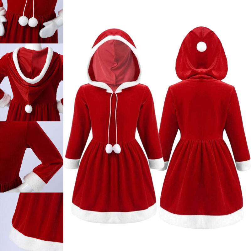 US Kids Girl’s Christmas Hoodie Dress Santa Claus Tutu Dress Velvet Hooded Dress
