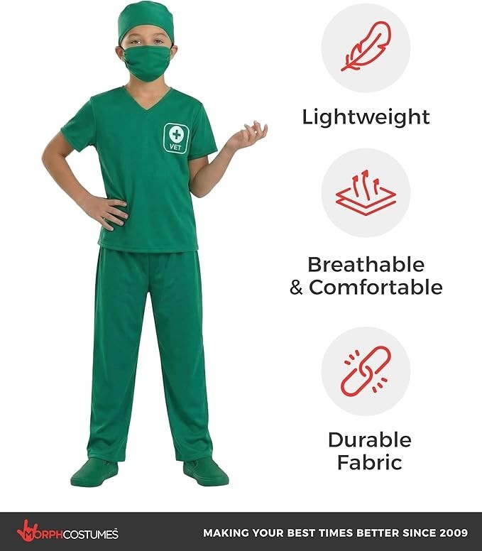 Kids Vet Costume S-XL Boys Girls Green Animal Doctor Scrubs Uniform Halloween